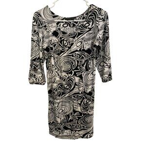 BCBGMAXAZRIA Black & White Abstract Print Dress XS 3/4 Sleeve Stretch Knit Scoop